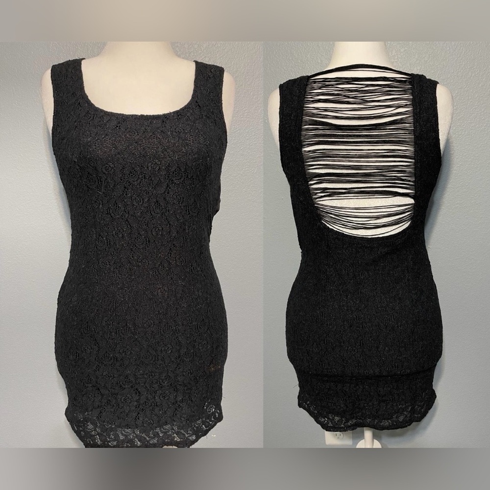 Wet Seal Black Lace Mini Dress Scrappy Open Back Y2K Bodycon Whimsigoth Large